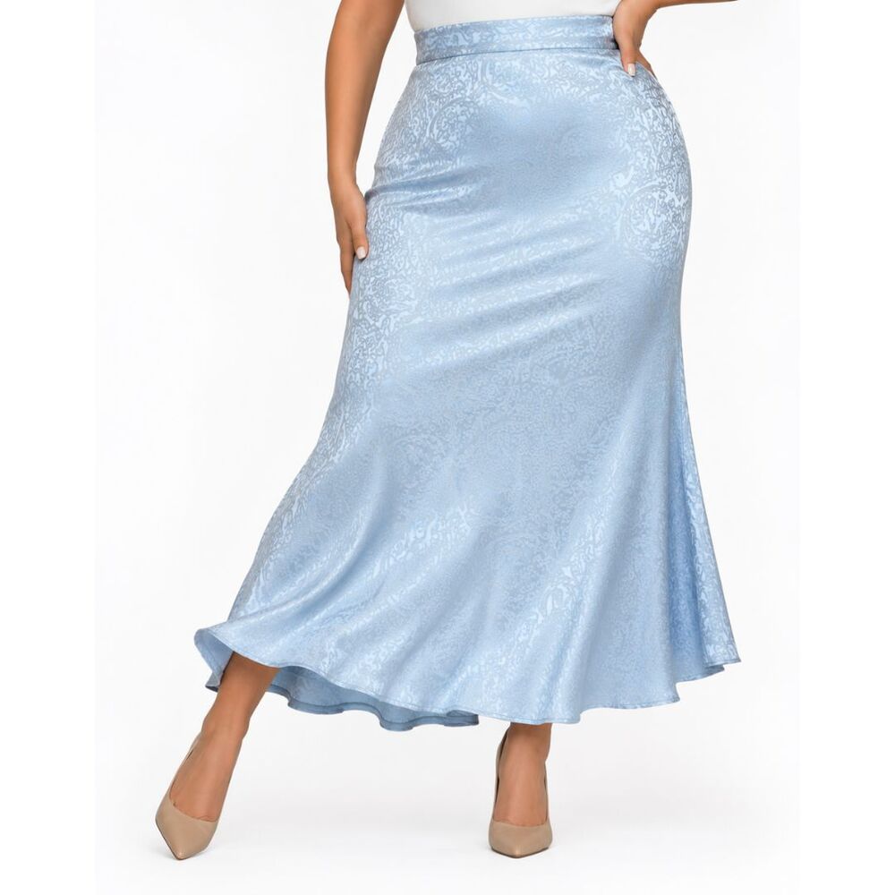 Y2K Satin Floral Jacquard Mermaid Maxi Skirt Womens 14 Light Blue Formal Vintage
